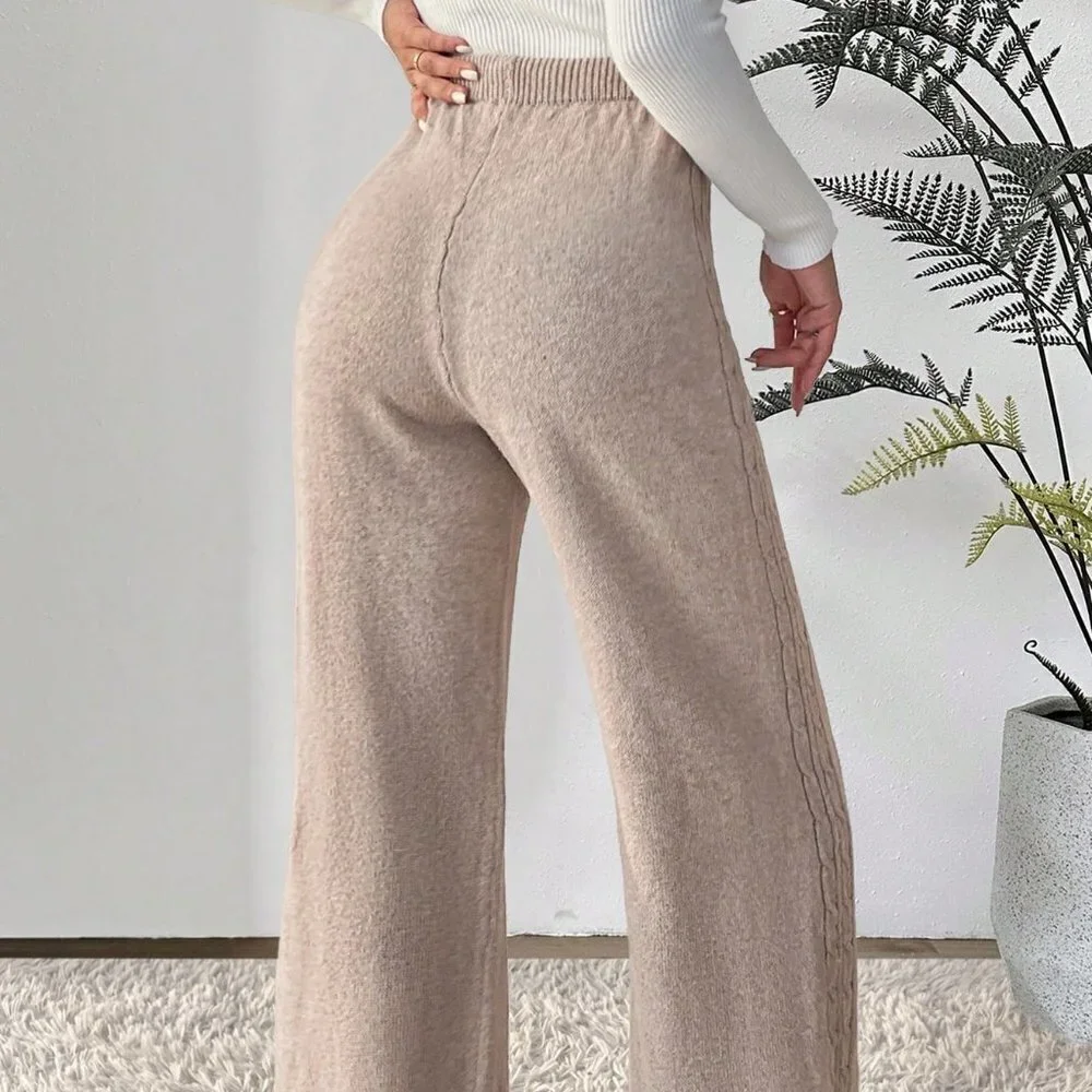 Khaki Casual Womens Drawstring Waist Wide Leg Knit Pants